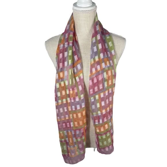Boutique Women’s Pink Multi Color Shimmer Geometric Print Sheer Silk Blend Scarf - Picture 2 of 5